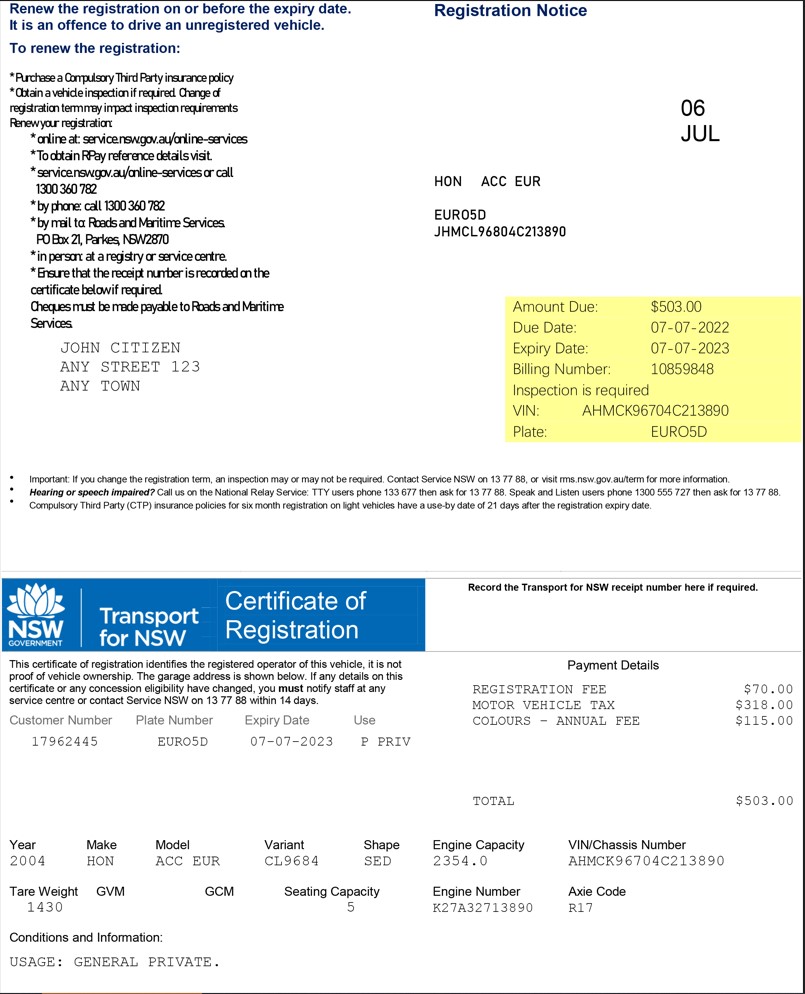 Australia Transport for NSW Registration certificate